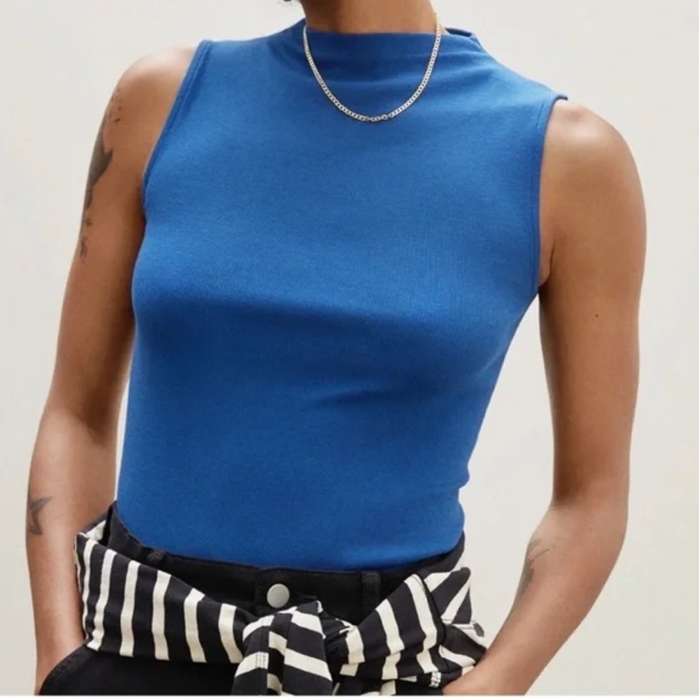 Everlane Pima micro rib funnel neck tank blue size XS